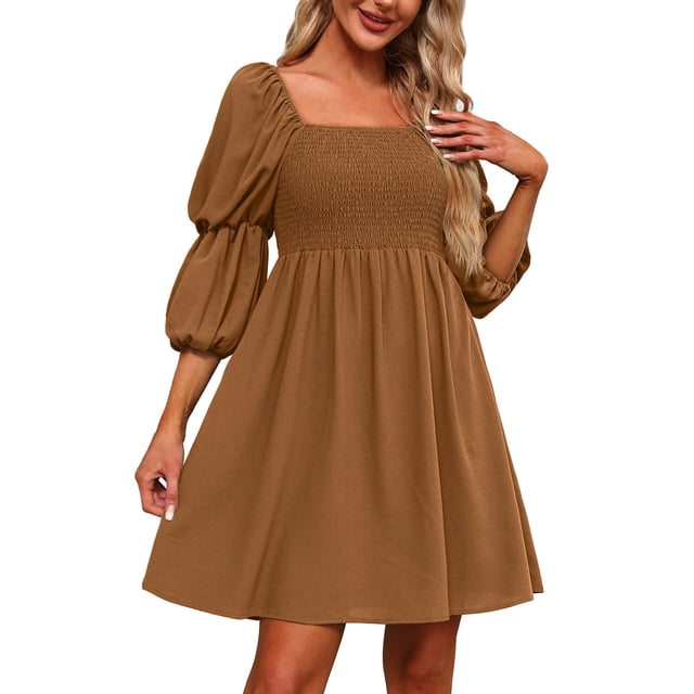 RKSTN Robes pour Femmes Décontractées Col Carré Manches Bouffantes 3/4 Poitrine Froncée Épaules Dénudées Robe Babydoll Mini