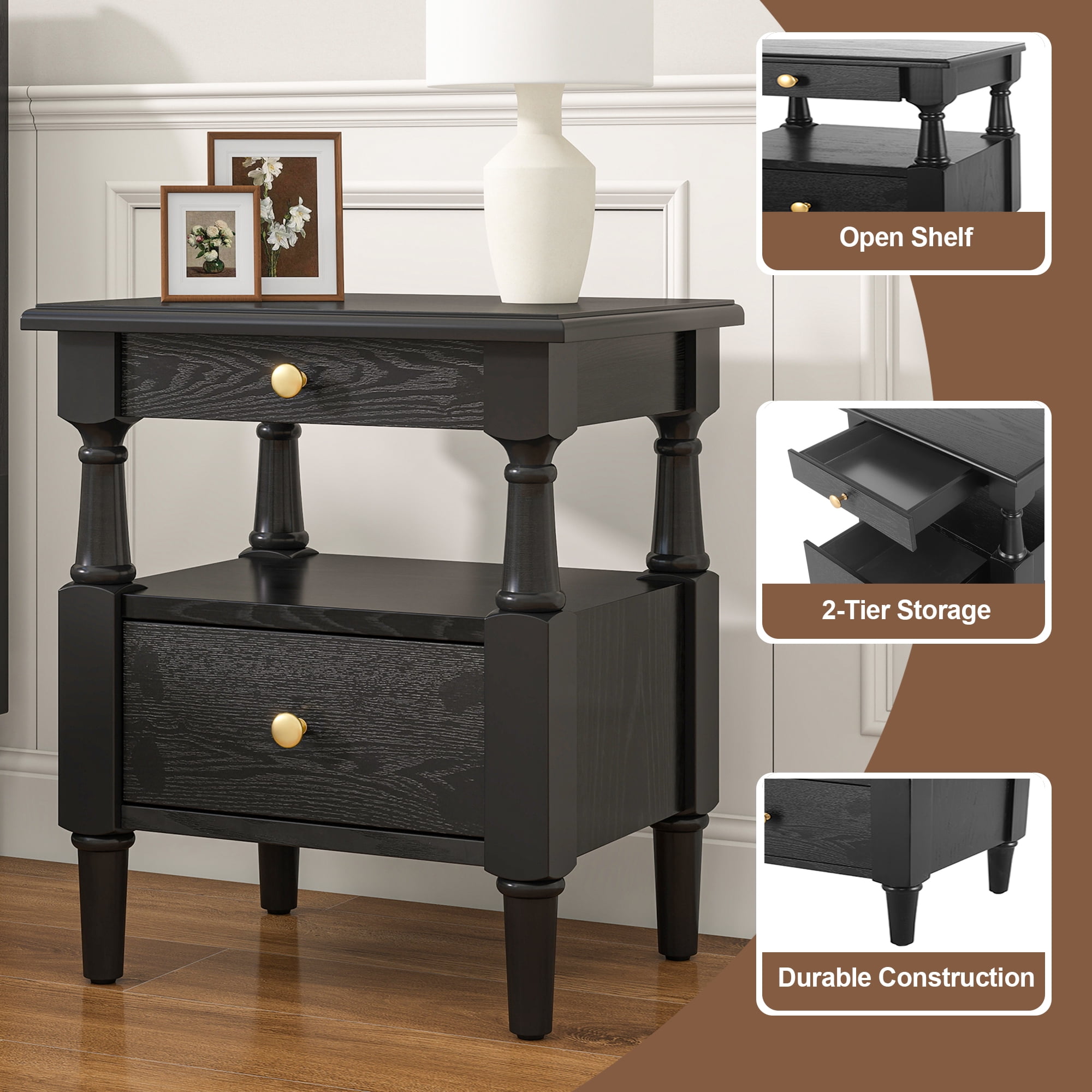 Homy Casa California Modern MDF Wood Nightstand with Drawer and Open Shelf 22.44 Inch Tall Black - Single Piece