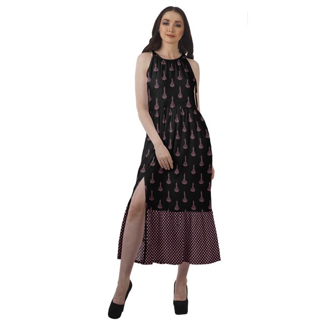 Moomaya Robe Longue Maxi de Fête pour Femmes en Rayonne Imprimée à Encolure Licou avec Fente avant