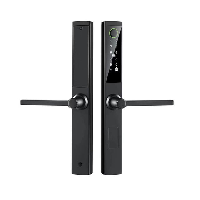 Luzkey sliding door smart lock with a sleek black finish, featuring a keyless entry system with a passcode keypad, fingerprint scanner, and IC card compatibility. The lock includes a long handle design and a digital display with a bell button. Made of durable zinc alloy and aluminum, it is waterproof and suitable for various door types, including aluminum, wooden, and PVC doors. Dimensions are 32cm x 4cm x 2cm.