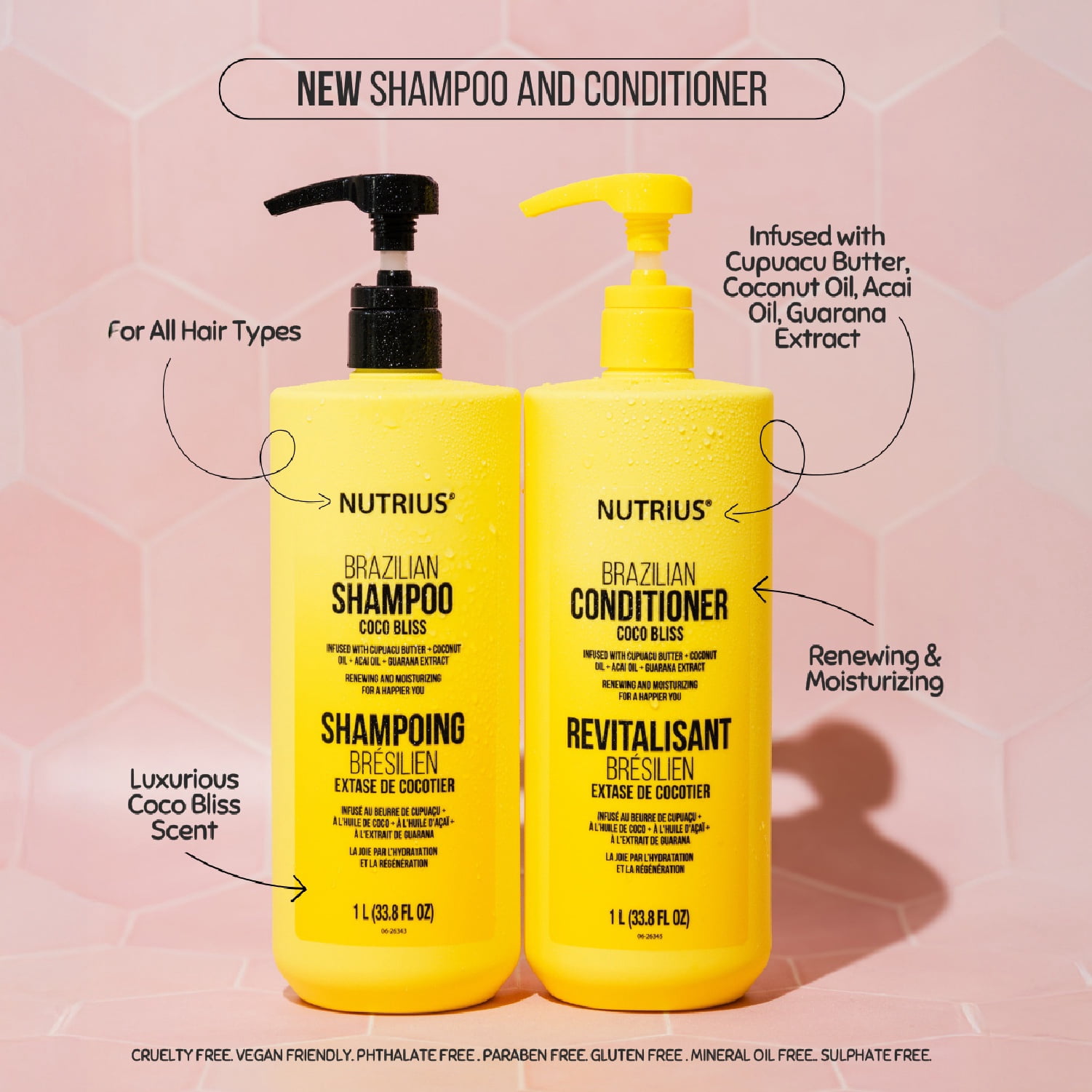 NUTRIUS Renewing and Moisturizing Brazilian Conditioner with Cupuacu Butter, Acai Oil, Coconut Oil, and Guarana Extract. 1Lt