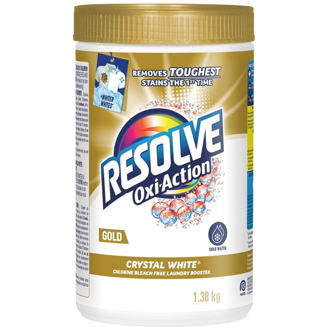 RESOLVE In Wash Powder - GOLD Oxi-Action Crystal White laundry booster with gold lid, removes toughest stains the first time, chlorine bleach free formula for cold water use, 1.38 kg container.