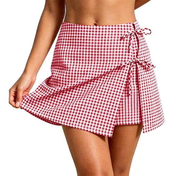 Lcklvx Plaid Mini Skirts for Women Trendy Side Split High Waist a Line Skorts Summer Beach Clothes
