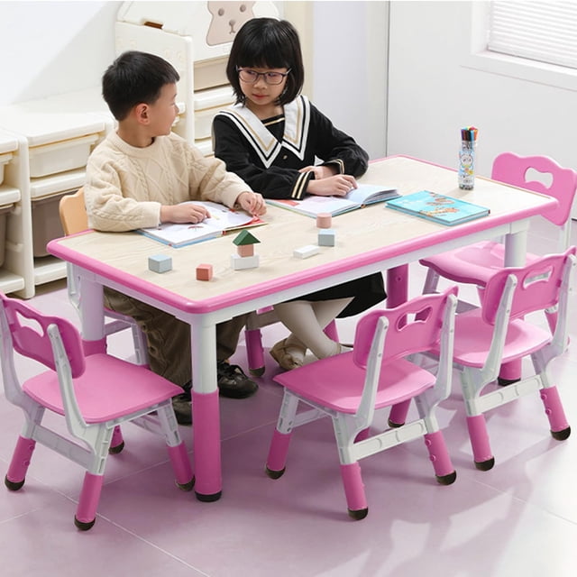 GloryStar 47.2" Height Adjustable Kids Table & 6 Chair Set, Non-Slip Legs, Perfect Preschool Activity Desk for Ages 2-10
