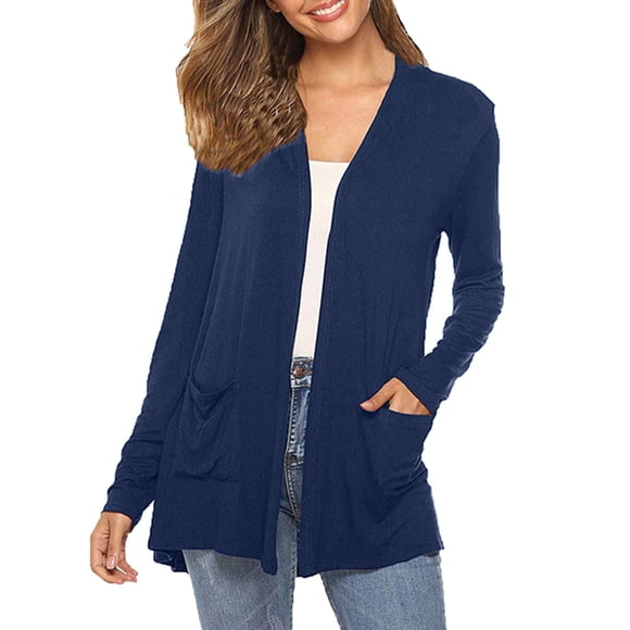 Fgnfyis Cardigans for Women Long Sleeve Open Front Casual Loose Lightweight Knit Sweaters with Pockets Navy M