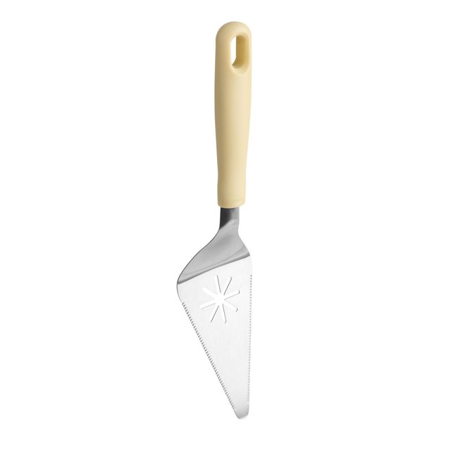 Way to Celebrate Pie, Cake and Pizza Server in yellow with a stainless steel triangular blade featuring dual serrated edges and a star-shaped score guide, paired with a comfortable yellow handle with a hanging hole, on a white background.