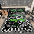 thumbnail image 2 of Erosebridal Ensembles de Literie Voiture de Course pour Garçons Double avec Couette pour Enfants Ados, Insert de Couette Drapeau de Course, Noir Vert, Réversible 3 Pcs, 2 of 7