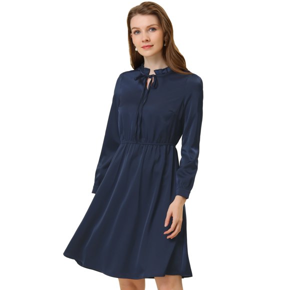 INSPIRE CHIC Women's Satin Tie Neck Casual A-line Dress Navy Blue S