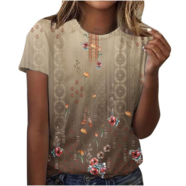 Birdeem Womens Casual Retro Printed Round Neck Short Sleeved Top