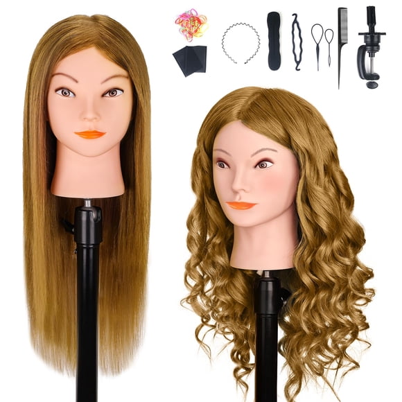 Mannequin Head with 100% Human Hair, MYSWEETY Doll Head for Hair Styling, Manikin Head Cosmetology Makeup Hairdressing Training Head with Clamp Holder and Tools(18" Brown, Makeup
