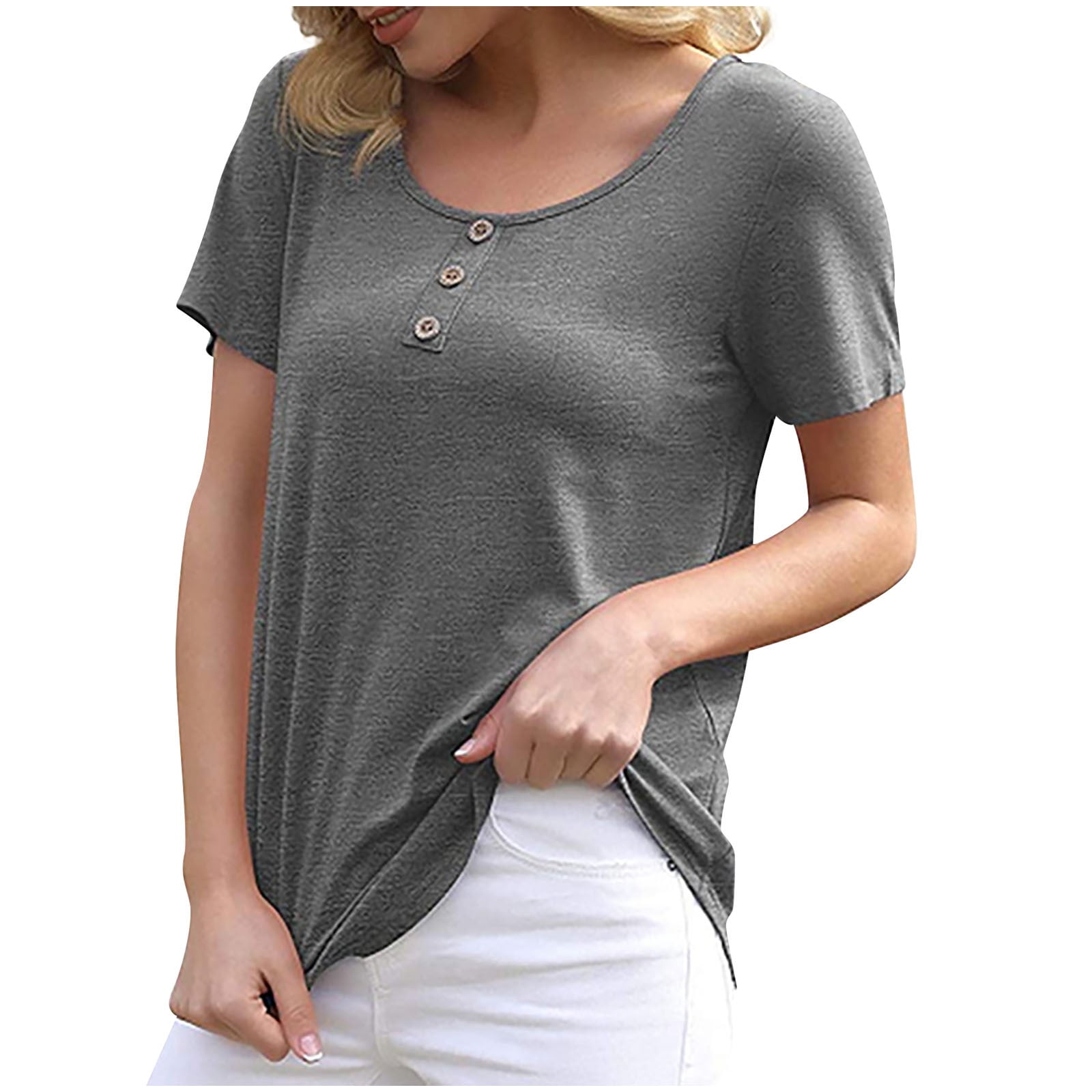 Birdeem Womens Casual Loose Solid Color Crewneck Short Sleeve Button T-Shirt Tops