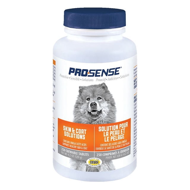 Pro Sense Skin & Coat Solutions, 250 Tablets bottle with blue cap, featuring a dog image on the label, containing chewable dog supplements with omega fatty acids to support healthy skin and coat for dogs of all sizes, bilingual English and French text.