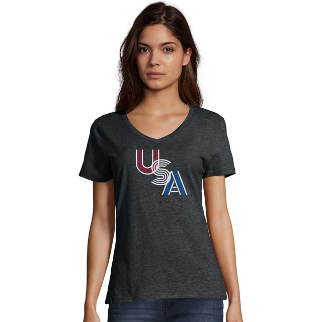 Hanes T-Shirt à Manches Courtes Col en V pour Femmes, TG, Rétro USANavy PE Chiné