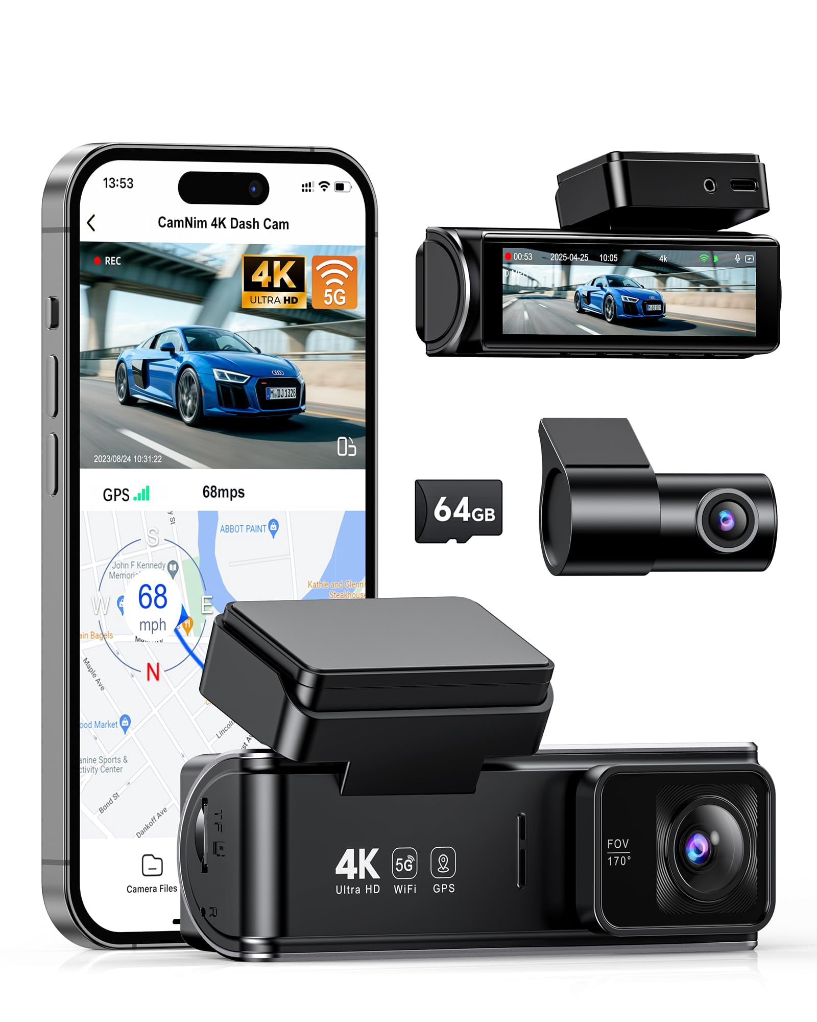 4K Dash Cam Front Rear:Dual Dash Camera for Car, 5GHz/2.4GHz Wi-Fi GPS Dashcam with Loop Recording 24H Parking Monitor Night Vision G-Sensor 170&deg;