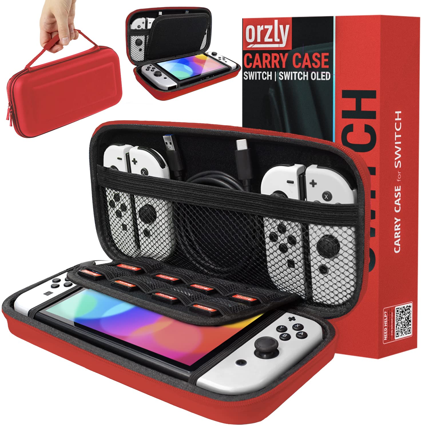 Orzly Carrying case for Nintendo Switch OLED and Switch Console - Red Protective Hard Portable Travel case Shell Pouch for Nintendo Switch Console & Accessories