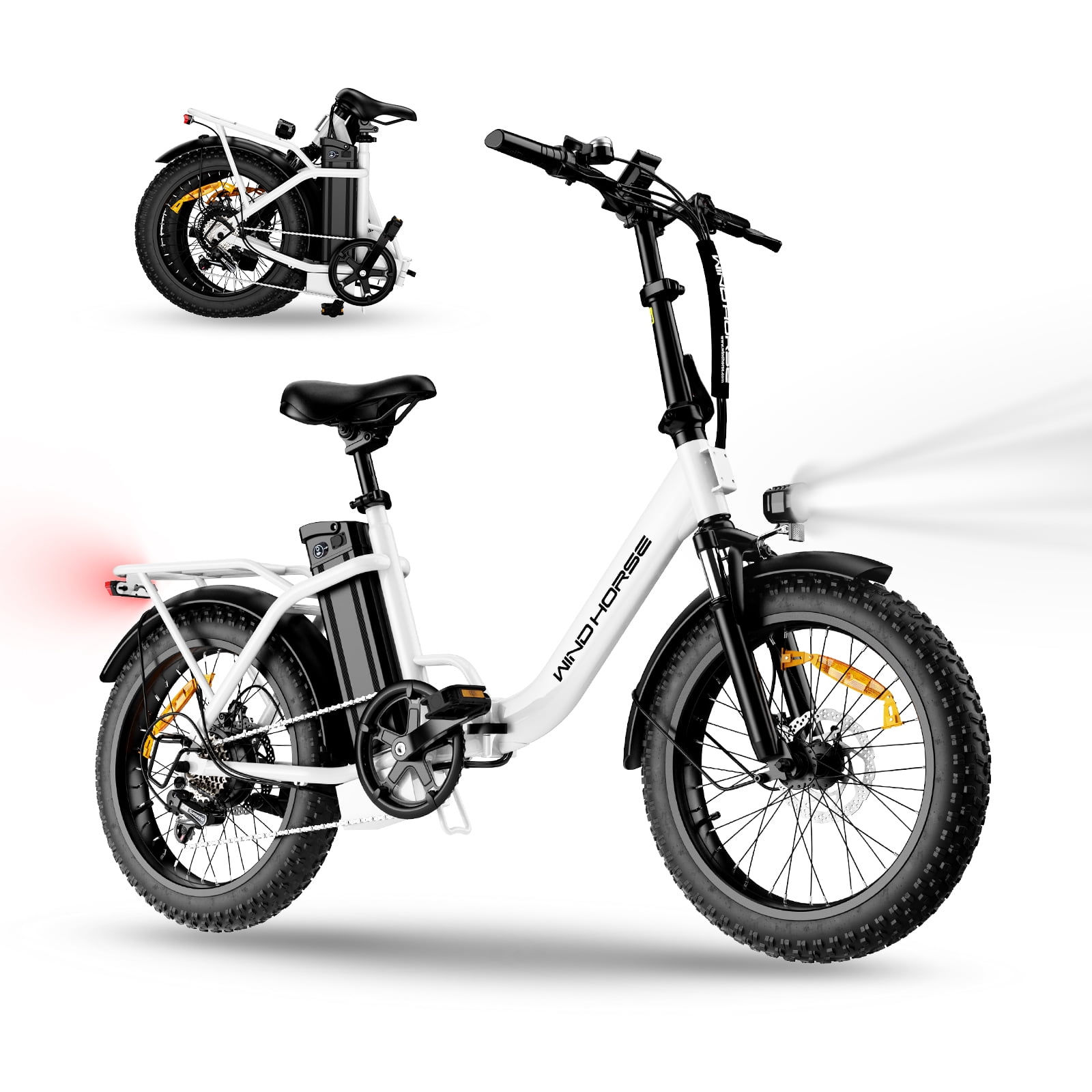WINDHORSE Folding Electric Bike for Adults, 983W Peak Motor 20 mph, 70miles 48V 15.6Ah Removable Battery, 20" Fat Tire E-Bike with Rear Rack, White