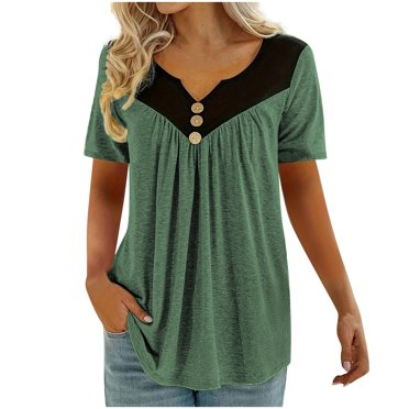 Bocqde Women Plus Size T-shirts Summer Casual Solid Color Tees Fashion Loose-fitting Pleated V-Neck Button Short Sleeve Shirts