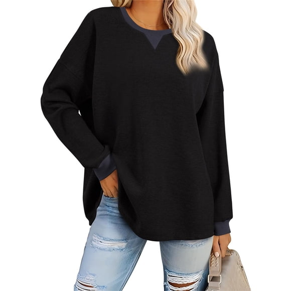 CFLVAEK Waffle Knit Sweatshirts for Women Casual Solid Drop Shoulder Shirt Flowy Long Sleeve Going Out Shirts Oversized Crew Neck Ladies Fall Blouses