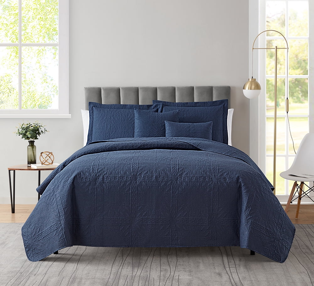 Clara Clark Home Quilt Set Bedspread - Ultra Soft Microfiber Embossed Grid Weave Pinsonic Lightweight - Quilted Comforter 5 Piece Bedding Set - 2 Pillow Shams, 2 Euro Shams - King, Navy Blue