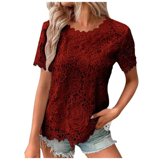 Haut en Dentelle pour Femmes Col Rond Crochet Manches Courtes - T-Shirt Décontracté d'Été - TTTG-TTTTTG