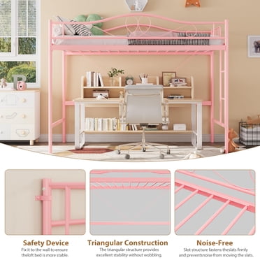 Twin Size Metal Loft Bed Frame for Bedroom – Heavy Duty, Noise-Free, 400lbs Capacity, Space-Saving, Full Safety Guardrail, Ladder, Easy Assembly, No Box Season Needed – Pink
