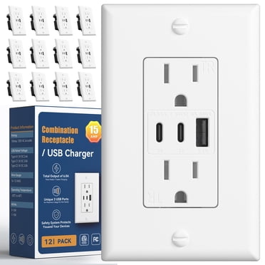 Amico Prise USB 6,0 A, Lot de 12, Prises Murales 3 Ports 30 W avec 2 Prises Type C et 1 Type A, Prise 15 A, Prise Résistante à l'Altération, Plaque Murale Incluse, Homologué ETL