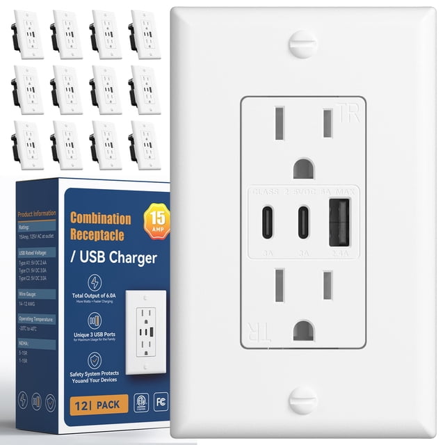 Amico Prise USB 6,0 A, Lot de 12, Prises Murales 3 Ports 30 W avec 2 Prises Type C et 1 Type A, Prise 15 A, Prise Résistante à l'Altération, Plaque Murale Incluse, Homologué ETL