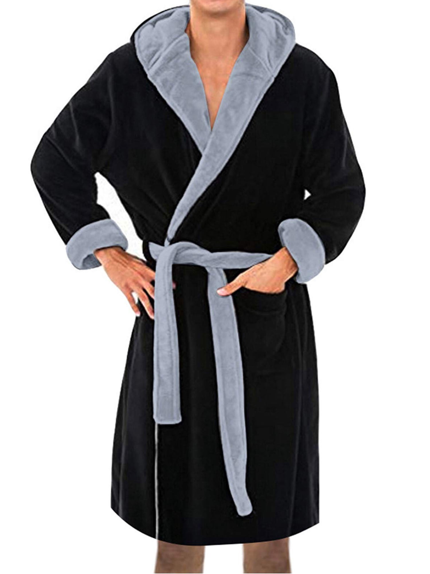 Innerwin Bath Robes Hoodie Men's Wrap Robe Winter Long Sleeve Soft Dressing Gown Black Gray M