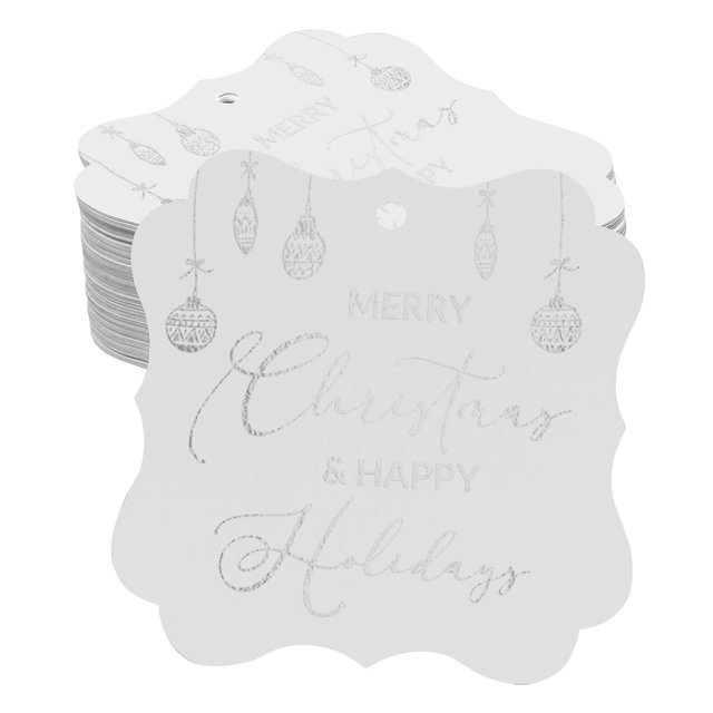 Inkdotpot Pack Of 50 Real Silver Foil Bracket Shape Paper Tags Merry Christmas & Happy Text Favor Hang Tags