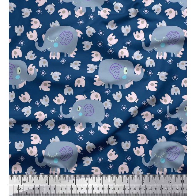 Soimoi Poly Georgette Fabric Cute Elephant Kids Printed Fabric 1 Yard 52 Inch Wide