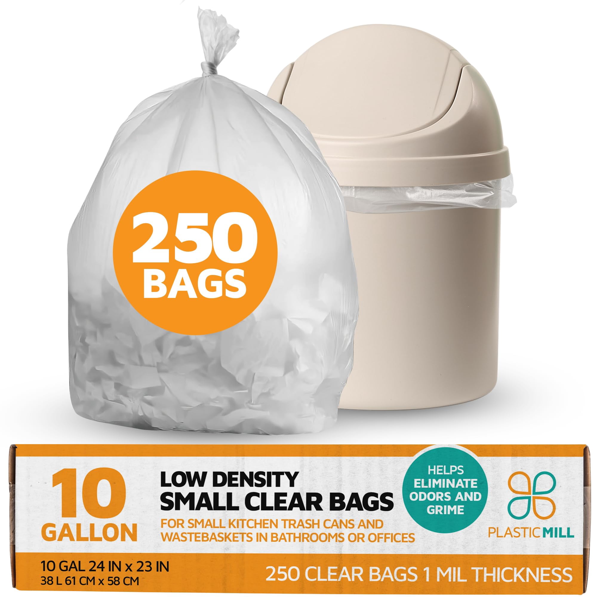 PlasticMill Heavy Duty Trash Bags - Clear Garbage Bags - Plastic Trash Bags - Kitchen, Bathroom, Office Garbage Bags, Trash Can Liners - 7-10 Gallon Small Trash Bags, 1 Mil, 24"x23" (250-Count)