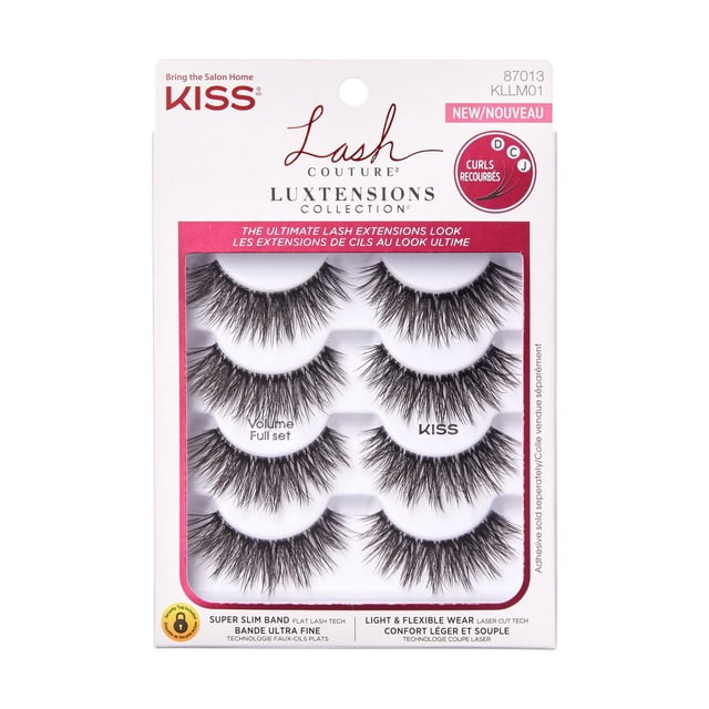 KISS Lash Couture Collection LuXtensions Volume Full Set containing 4 pairs of black false eyelashes with D, C, and J curls. Features super slim lash bands with Flat Lash and Laser Cut Technology for lightweight, flexible, and comfortable wear, ideal for achieving the look of real lash extensions.