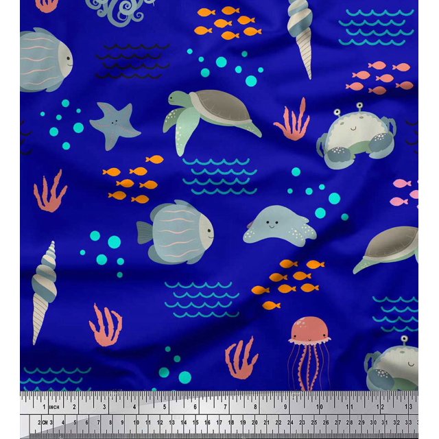 Soimoi Blue Heavy Canvas Fabric Crab & Tortoise Ocean Decor Fabric Printed Yard 58 Inch Wide
