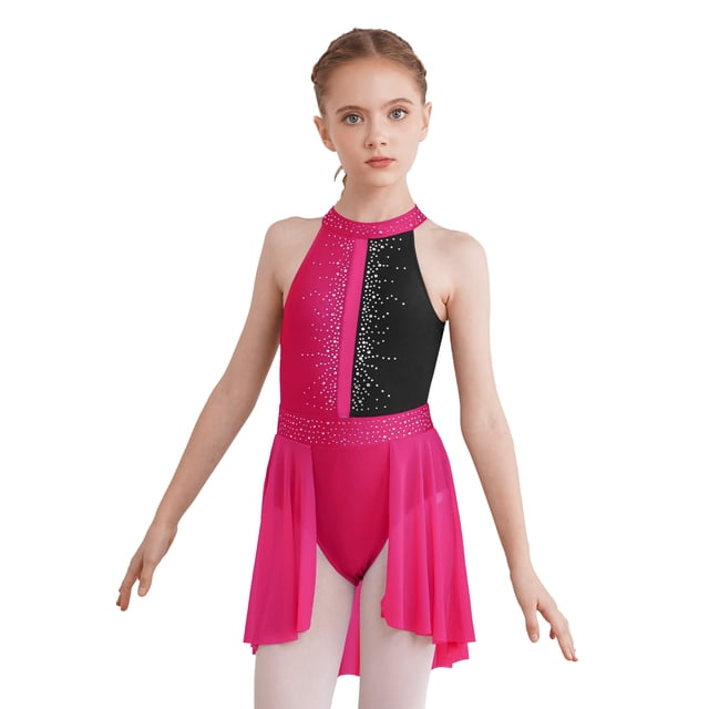 Runhomal Robe de Danse Ballet Sans Manches pour Filles Enfants, Justaucorps de Gymnastique Rose Vif&Noir 16