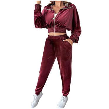 2 Piece Travel Suit Women’s Tracksuit Set–2 Piece Slim Fitting Velour Velvet Casual Zip up Hoodie Cropped Jacket Sweatsuit and Sweatpants Set S-189 Red-a L