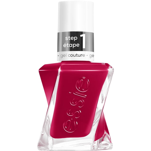 gel couture by essie gel-like longwear nail polish in deep red, in a twisted clear glass bottle with embossed essie logo and white cap labeled step 1, providing up to 15 days of gel-like wear without UV light, with an 8-free vegan formula suitable for long-lasting nail care
