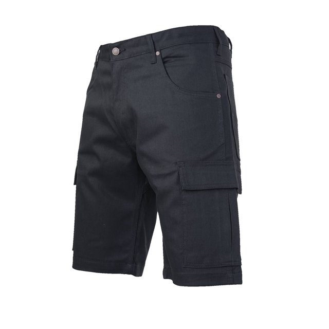 TOUGH DUCK Men's Flex Twill Cargo Short in black, front 3/4 view highlighting reinforced triple stitching, gusseted crotch, zipper fly, and multiple reinforced pockets including side cargo pockets with flaps, made from a 98% cotton and 2% spandex flex twill blend for comfort and durability, suitable for outdoor work or casual summer wear.