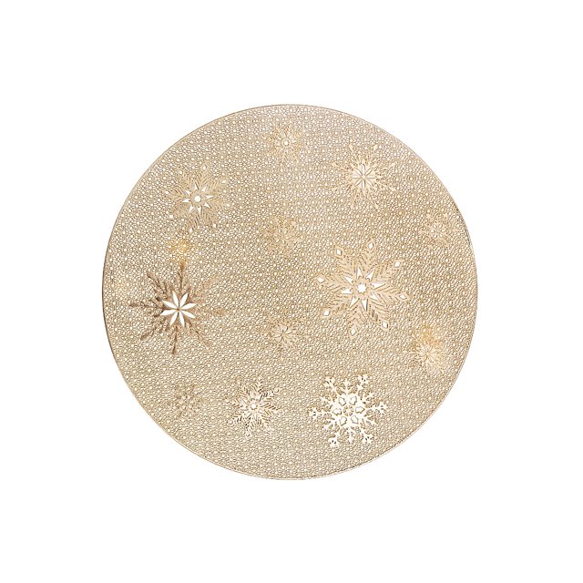 Pvc Round Cut Out Snowflake Placemat (Gold) showing a single 15-inch diameter round placemat with intricate snowflake cut-outs in gold PVC, designed for festive holiday dining and winter-themed table settings, also suitable as a decorative accent for everyday use.