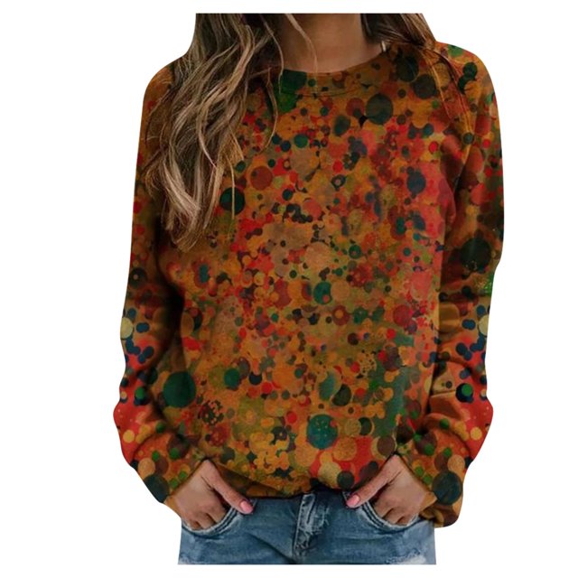 CEHVOM Chandails à Imprimé Décontractés pour Femmes, T-Shirts Thermiques à Col Rond à Manches Longues, Coupe Ample, Com Liquidation. un Chandail à Manches Longues pour Femmes en polyester, avec un Imprimé Abstrait Multicolore Vif et des Motifs Circulaires. le design à Col Rond et la Coupe Ample Offrent un style Décontracté et Confortable, Convient pour l'Automne et l'Hiver. Montré Assorti à des jeans en denim.
