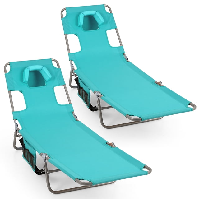 Gymax 2PCS Tanning ChairFolding Beach Lounge Chair w/5-Position Adjustable Backrest Mint Green