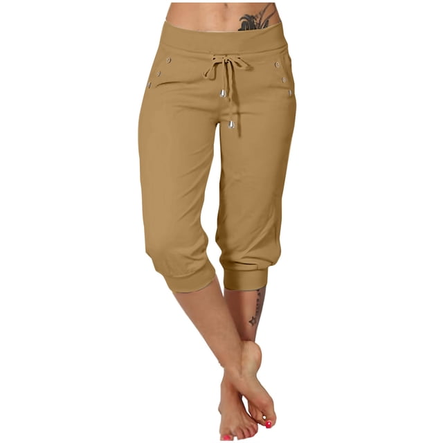 Timegard Sweatpants for Women Capri Pants Elastic High Waisted Drawstring Athletic Gym Pants with Pockets