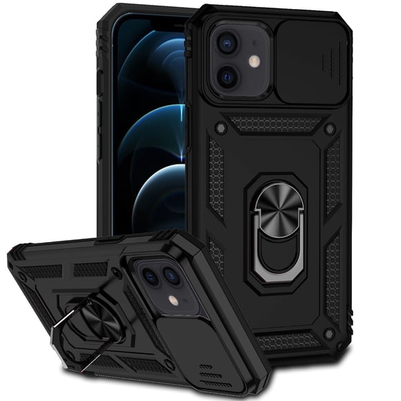 iPhone 12 / 12 Pro Kickstand Armor Case with Slide Camera Lens Protection Cover Built-in 360° Rotate Ring Holder Stand Magnetic Military Shockproof Phone Cover Case for iPhone 12 / 12 Pro,
Black