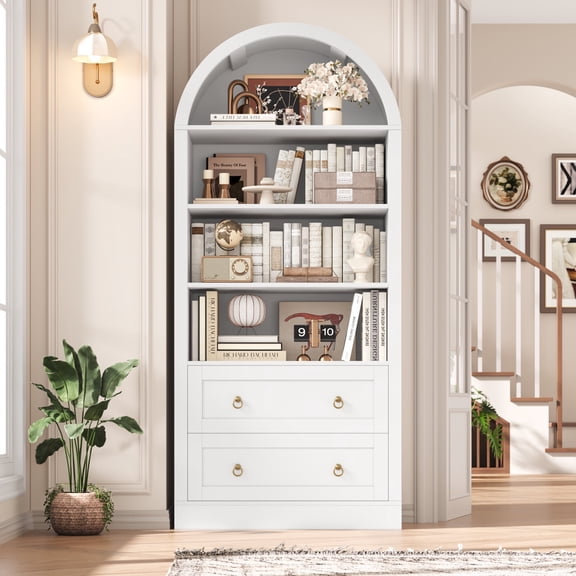Hiphuta Bibliothèque Arquée de 70 Pouces, Étagères à 4 Niveaux avec 2 Grands Tiroirs, Étagère d'Exposition en Bois avec Rangement pour Salon et Bureau à Domicile, Blanc