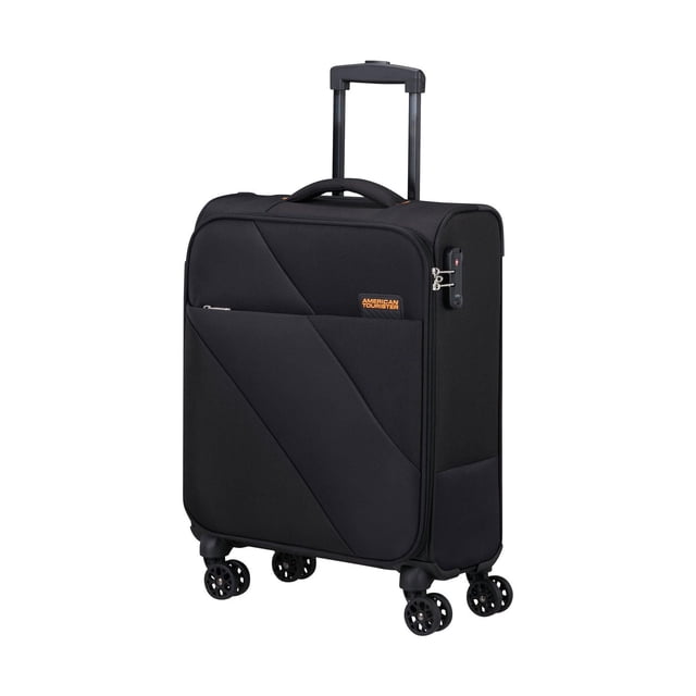 American Tourister Sun Break Spinner Carry On in black fabric with a front zippered pocket, TSA-approved combination lock on the side, dual spinner wheels, and an extended multi-stage pull handle, shown in a 3/4 profile view on a white background, suitable for easy airport navigation and travel packing.