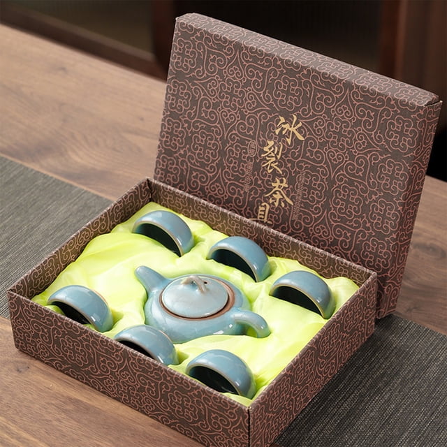 Cagogo Ice Crackle Glaze Ceramic Tea Set, Traditional Chinese Gongfu Teapot Set with 6 Cups, Handcrafted Crackle Glaze Teapot and Cups, Complete Ceramic Tea Set Gift Box for Home Office Tea