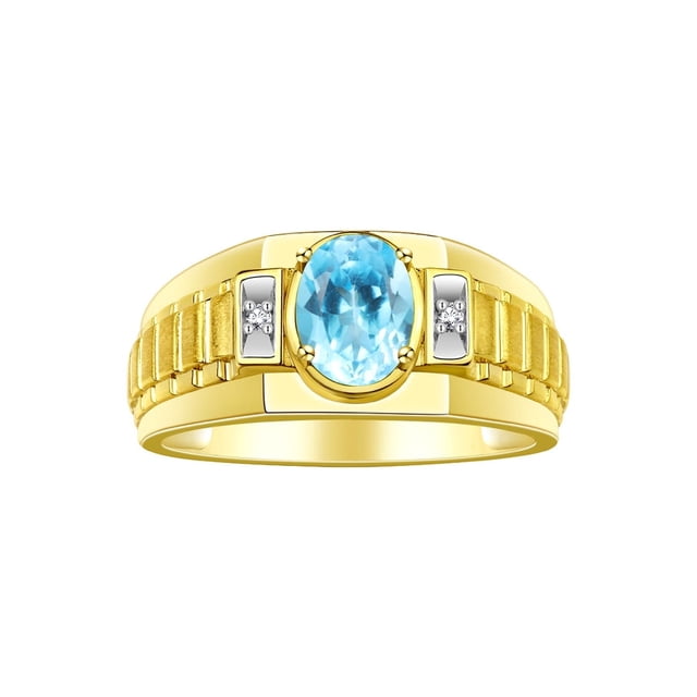 RYLOS Men's Rings 14K Yellow Gold Ring Classic Designer Style 8X6MM Oval Gemstone & Diamond Ring Blue Topaz Birthstone Rings For Men Size 8
