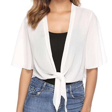 Womens Half Sleeve Shrug Tie Front Cropped Open Front Chiffon Cardigan Lightweight Basic Solid Crop Top for Women