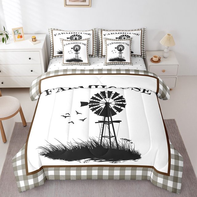 YST Rustic Farmhouse Grid Comforter Set, 7-Piece, Twin Size, Polyester