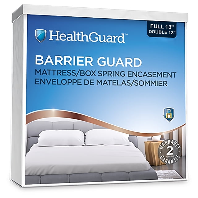 HealthGuard Barrier Guard Mattress and Box Spring Encasement Full 13-inch, a protective mattress cover designed to shield against allergens, dust mites, and spills. The packaging highlights a modern bed setup with a white mattress, emphasizing its durability, encasement design, and 2-year warranty.