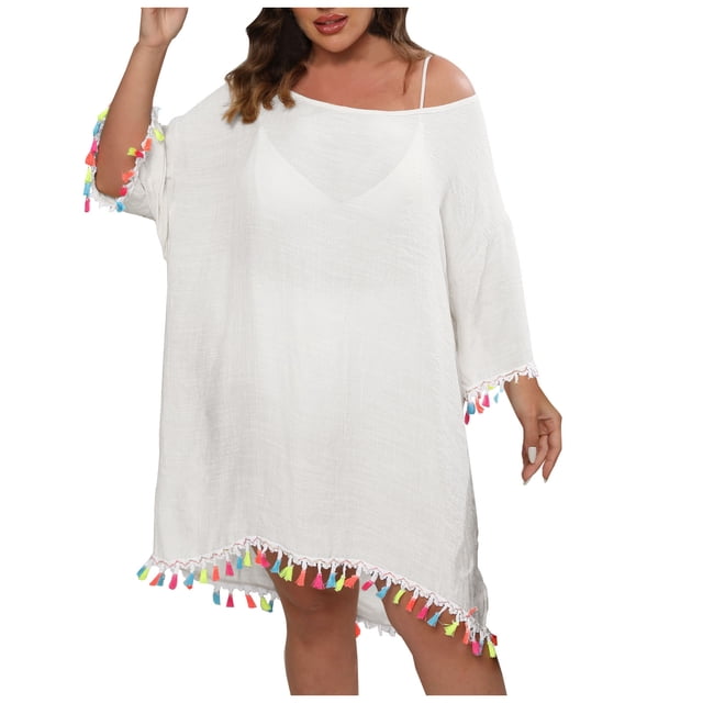 Plebaso Paréos de Maillot de Bain Grande Taille pour Femmes Manches 3/4 Dos Nu Paréo Robe de Bain Ample pour Femmes